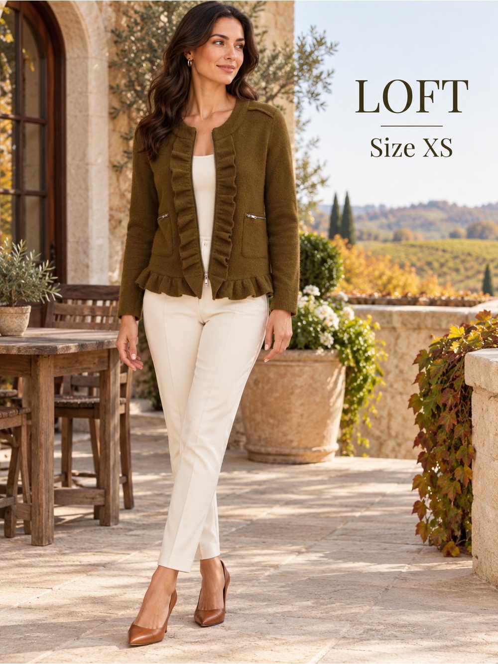 LOFT 100% Merino Wool Olive Brown Ruffle Zip Jacket Cardigan XS